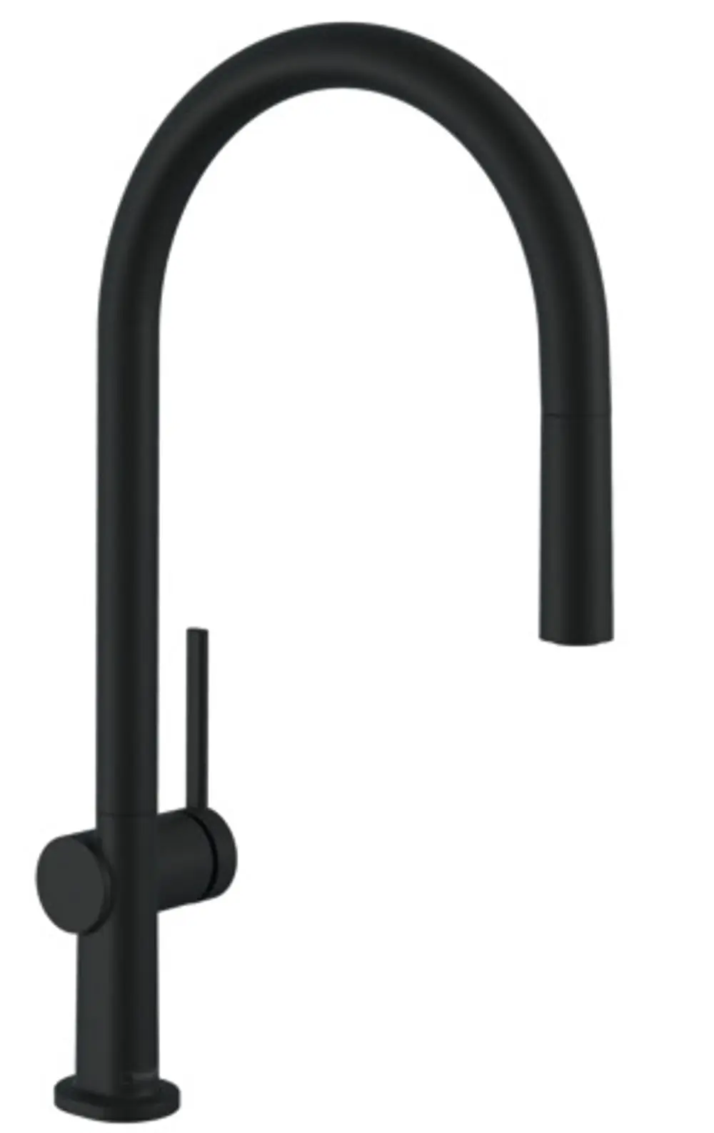 Schwarzer Küchenarmatur mit hohem Auslauf und seitlichem Hebel, hergestellt von Hansgrohe. Der Auslauf kann ausgezogen werden für flexible Nutzung.